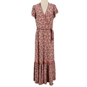 Max Studio Printed Wrap Dress Size Large Red Floral Print Tiered Ruffle Hem Maxi